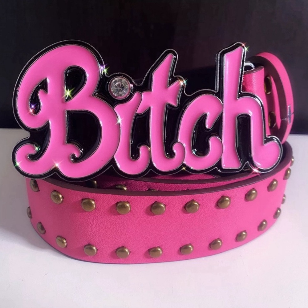Retro BITCHPunk Y2K Pink Diamond Letter Leather Belt Vintage Style Aesthetic